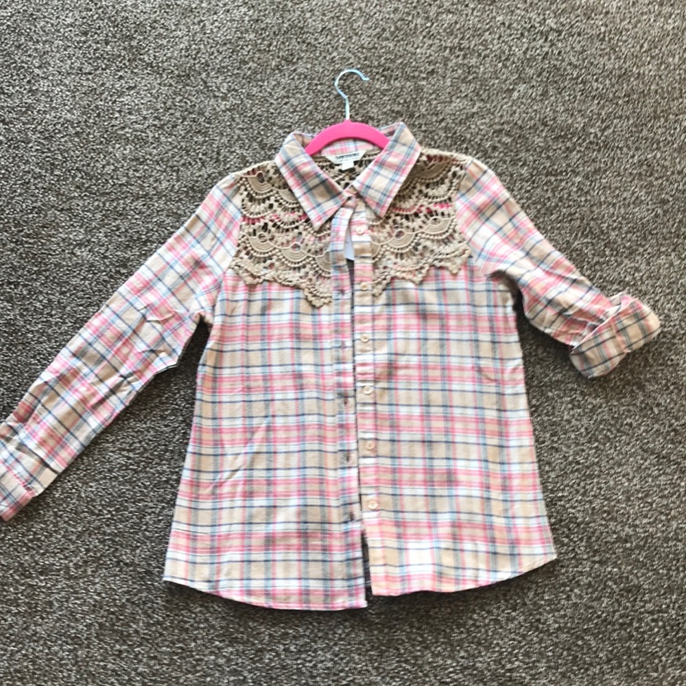 Tantrums Plaid and Lace Button Up Top